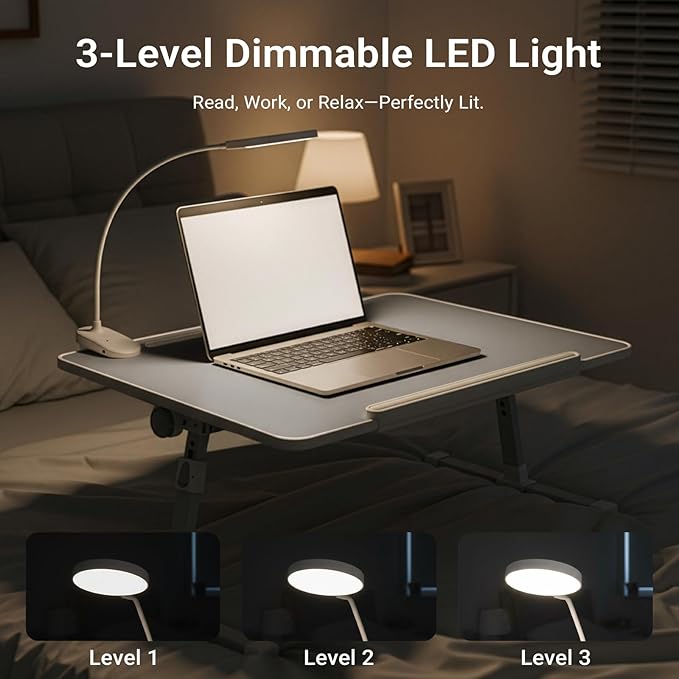 iXTRA Laptop Lap Desk with Cooling Fan - Adjustable Bed Desk with Light, Bed Table with Cup Holder&Phone Holder - Storage Drawer Desk - Folding Bed Desk,Grey,70x45cm