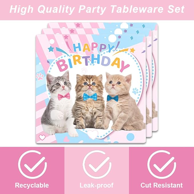 40Pcs Cat Birthday Decorations Pink and Blue Meow Baby Shower Plates and Napkins Party Supplies Cat Birthday Party Decorations