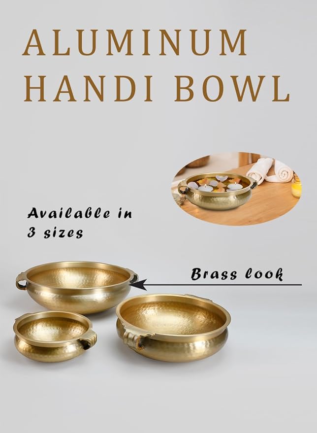 Serene Spaces Living Gold Handi Bowl - Hammered Texture, Decor for Living Rooms, Entryways, Restaurants, Indian Wedding, Table Centerpiece - Aluminum, 4.5" Tall & 12" Diameter