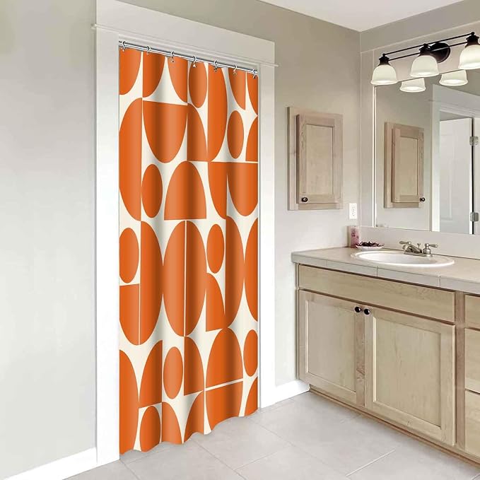 Vintage Orange Mid Century Modern Shower Curtain Boho Abstract Geometric Art Shower Curtains for Bathroom Decor 36x72 Inch 70s 80s Retro Washable Fabric Bathroom Set with 6 Hooks