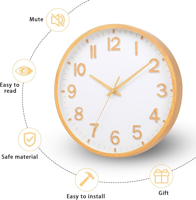 Wall Clocks Battery Operated 8 inch Modern Wall Clock,Silent Non Ticking Wall Clock for Living Room Bedroom Kitchen Office Classroom Decor (Wood Grain Yellow White)