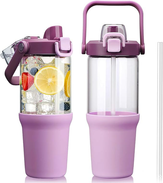 Glass Tumbler with Carry Handle, Clear Glass Water Bottle with Leakproof Lid, Spout Lid&Straw, BPA-Free, 32 oz, Lilac