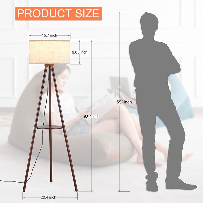 BTP Wood Tripod Floor Lamp for Living Room, 3 Color Temparature LED Bulb Included, Mid Century Modern Wooden Shelf Floor lamp with Linen Shade for Bedroom, Office, Walnut Wood Color