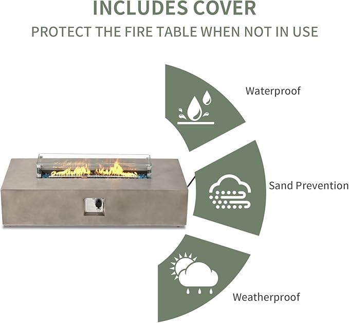 COSIEST Outdoor Propane Fire Pit Table, 56-inch x 28-inch Rectangle Gray Concrete-Like Finish, Certified, 50,000 BTU Stainless Steel Burner w Blue Fire Glass, Wind Guard, Raincover
