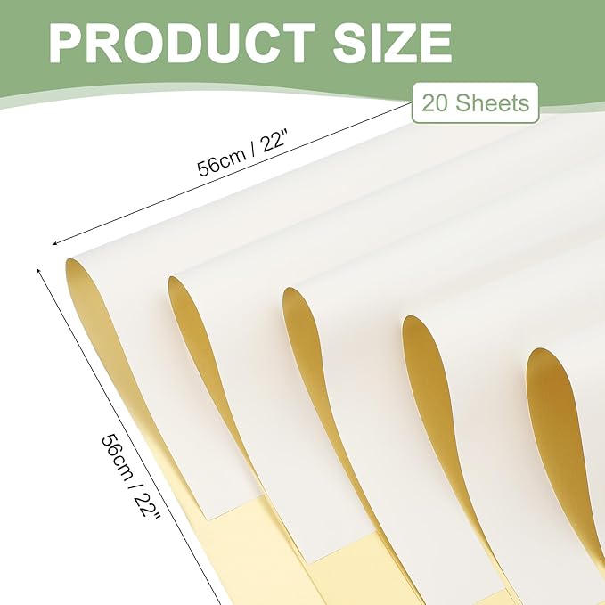 PATIKIL Flower Gift Wrapping Paper, 20 Sheets Double Sided Golden Waterproof Bouquet Paper Wrap Florist Supplies Packaging Floral Papers for Wedding DIY Craft Valentine, White/Gold