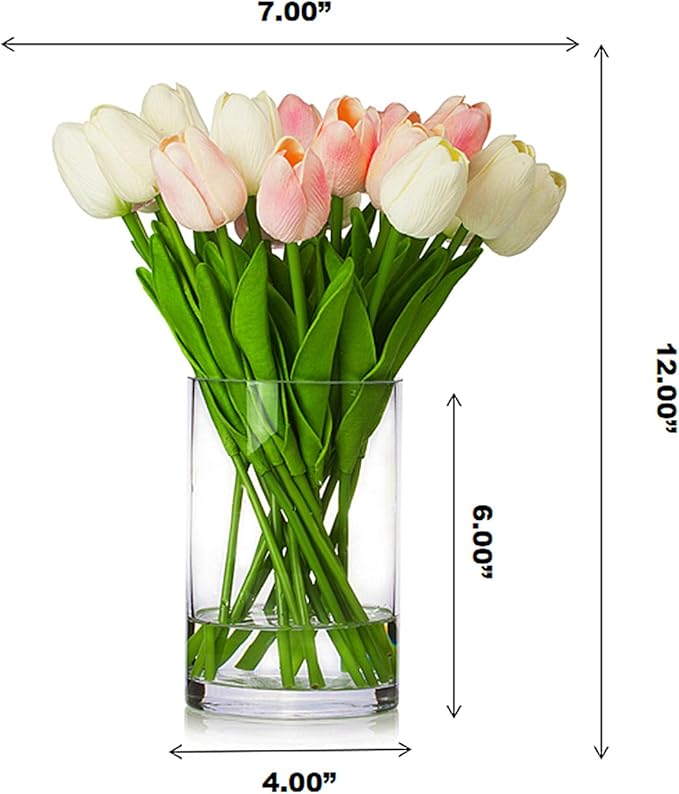 ENOVA HOME 20 Pieces Artificial Real Touch Tulips Flower Arrangement in Glass Vase with Faux Water for Home Decoration (White Pink)