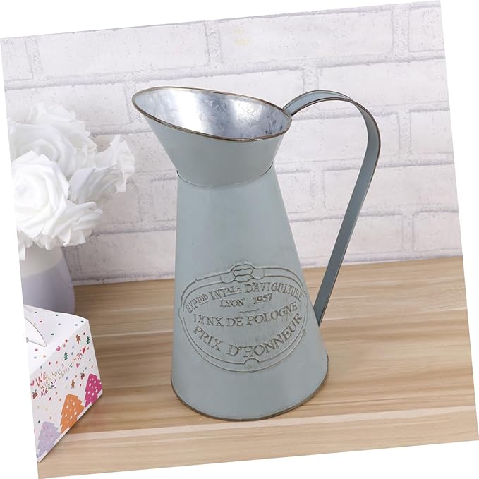 TOYANDONA Rustic French Style Metal Pitcher Vase Antique Country Decor Flower Bucket Wedding Party Accent for Home and Office Decoration