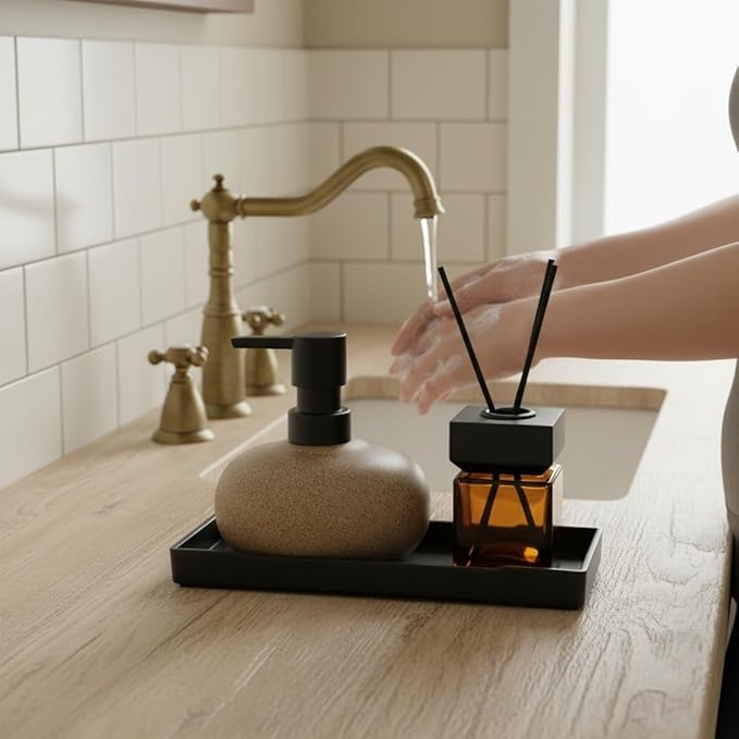 Bathroom Countertop Soap Dispensers Set, 300ml Ceramic Soap Dispenser with Amber Glass Bottle & Black Tray, Brown Ceramic Hand Soap Dispenser for Kitchen and Bathroom Counter