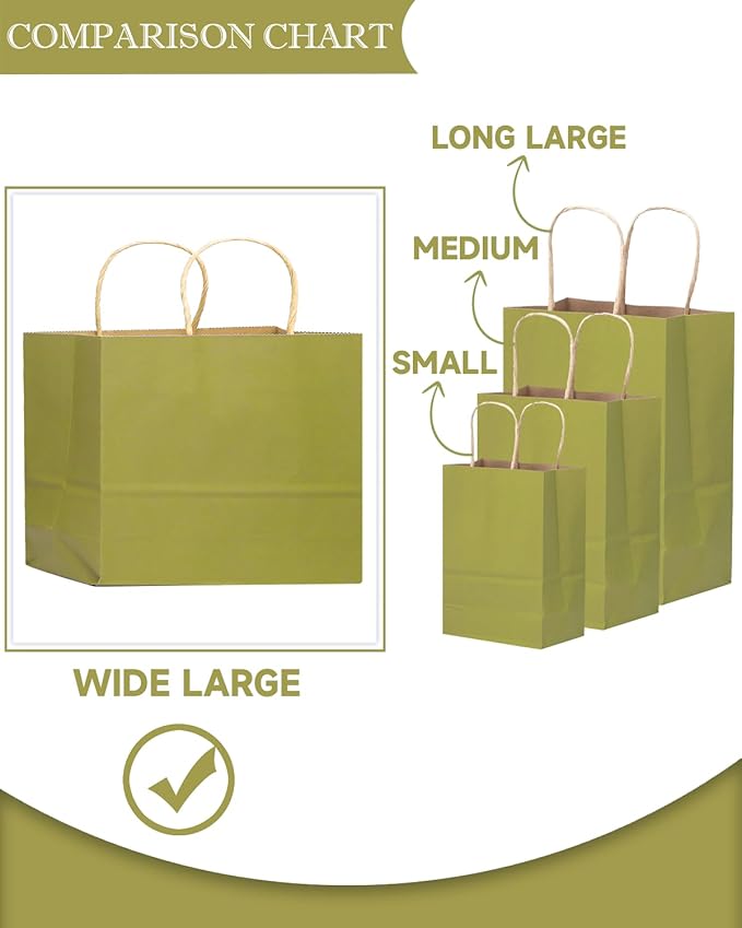 qiqee 13"x4.5"x10" Large Gift Bag with Handles Bulk 32PCS Gift Paper Bags Sage Green Bags Multiple Uses (Wide Large)