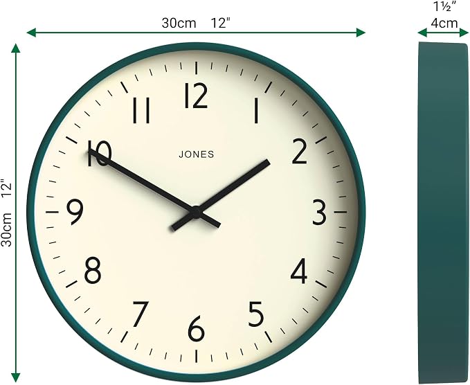 JONES CLOCKS® Studio wall Clock | Modern Round Style | 12 inch | Dark Green | Easy to Read Numbers | Versatile Design for Kitchen, Living Room or Office