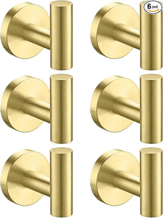 Nolimas Bathroom Towel Hooks SUS 304 Stainless Steel Coat Hook Round Clothes Towel Coat Robe Hook Cabinet Closet Door Sponges Holder for Bath Kitchen Garage Hotel,Wall Mounted,Brushed Gold,6Pack