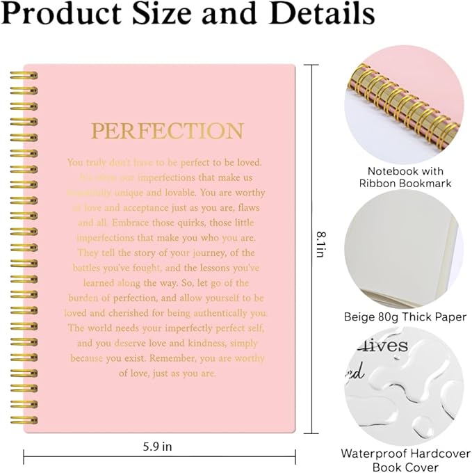 XQLZY Perfection Pink Gold Spiral Self-Affirmation Notebook, Resignation Retirement Promotion Inspirational Gifts for Woman Coworker Boss Friend, Encouragement Friendship Gifts for Sisters BFF