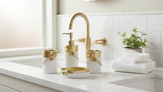 Hymmah Bathroom Accessories Set,Golden Design Toothbrush Holder,Farmhouse Bathroom Decor,4 Pcs Resin Gift Set Apartment Necessities, Contain Toothbrush Cup,Soap Dispenser,Soap Dish,Tumbler