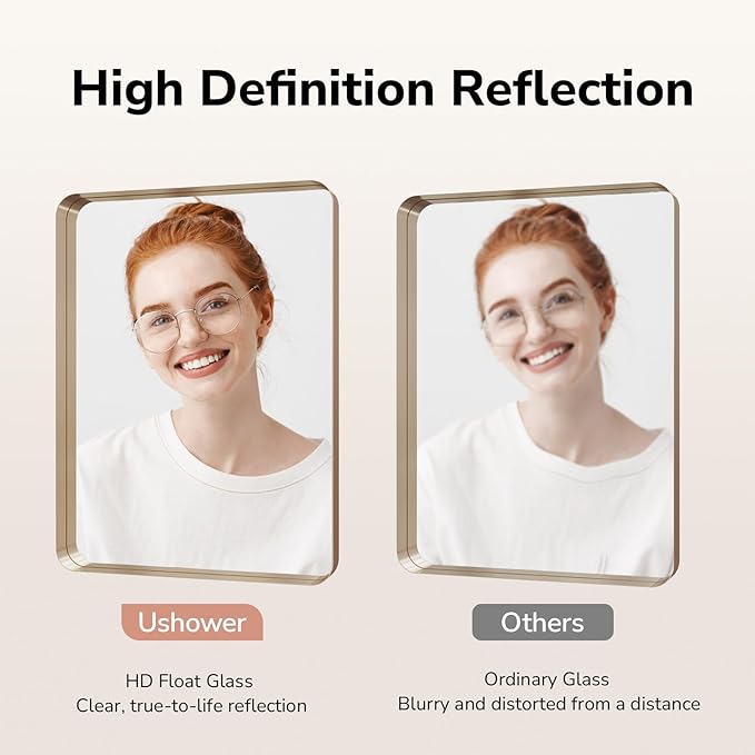 USHOWER Gold Bathroom Mirror 22"x30", Brushed Champagne Gold Rectangle Mirror for Over Sink, Aluminum Frame, Anti-Rust, Tempered Glass, Horizontal or Vertical Mounted