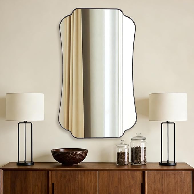ANDY STAR Bathroom Vanity Mirror, 24x40 Matte Black Rectangle Mirror with Scalloped Round Corner, Vintage Metal Wall Mirror,Hangs Horizontal Or Vertical