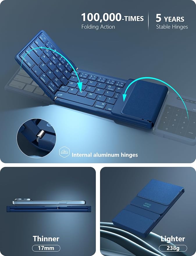 Nillkin Foldable Bluetooth Keyboard with Touchpad & Number Pad, Portable Bluetooth Keyboard with Full Size Keys, Pocket-Sized Wireless Travel Keyboards for iPad, Smartphone, Tablet and Laptop Blue