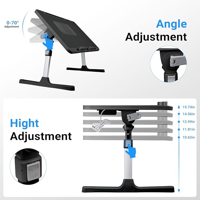 iXTRA Laptop Lap Desk with Cooling Fan - Adjustable with Light, USB, Storage Drawer - Folding Bed Desk,23.62"*15.74",Black