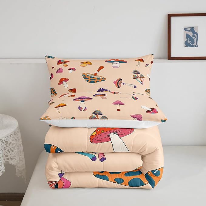 Castle Fairy Retro Mushroom Queen Size Comforter Set,Hippie Plant Bedding Set with 2 Pillowcases,60s 70s Cartoon Style Breathable Polyester Bedding Comforters