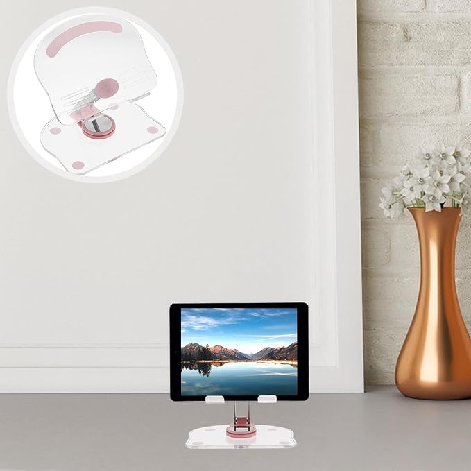 CONGARTENO Adjustable Acrylic Tablet Stand Holder for Desk and Travel, 360° Rotatable Folding Pink Tablet Holder Compatible with Ipad for Home Office Use