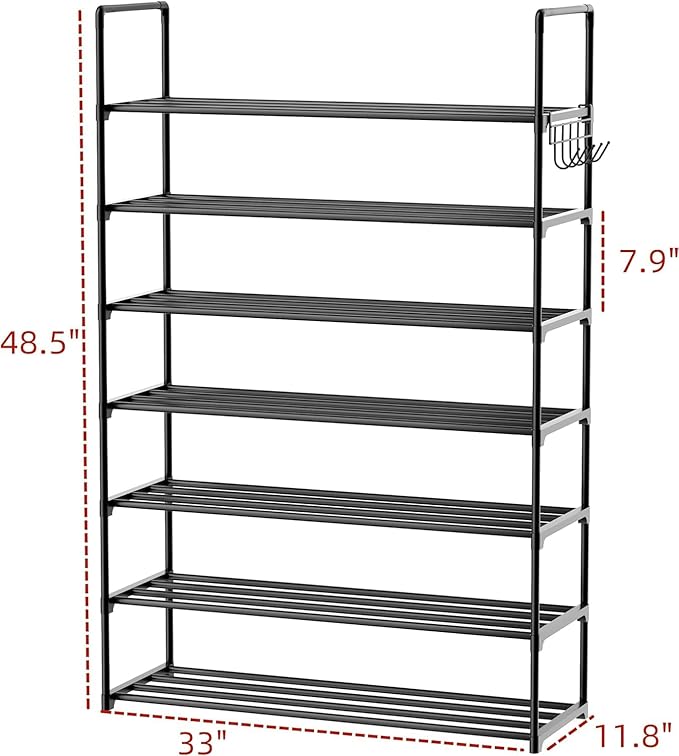 HOMICKER Metal Shoe Organizer,7 Tiers Shoe Storage Shoe Rack with Hooks,Fit 24-30 Pairs,Adjustable Shoe Shelf for Entryway,Hallway,Bedroom,Metal Bottom Support