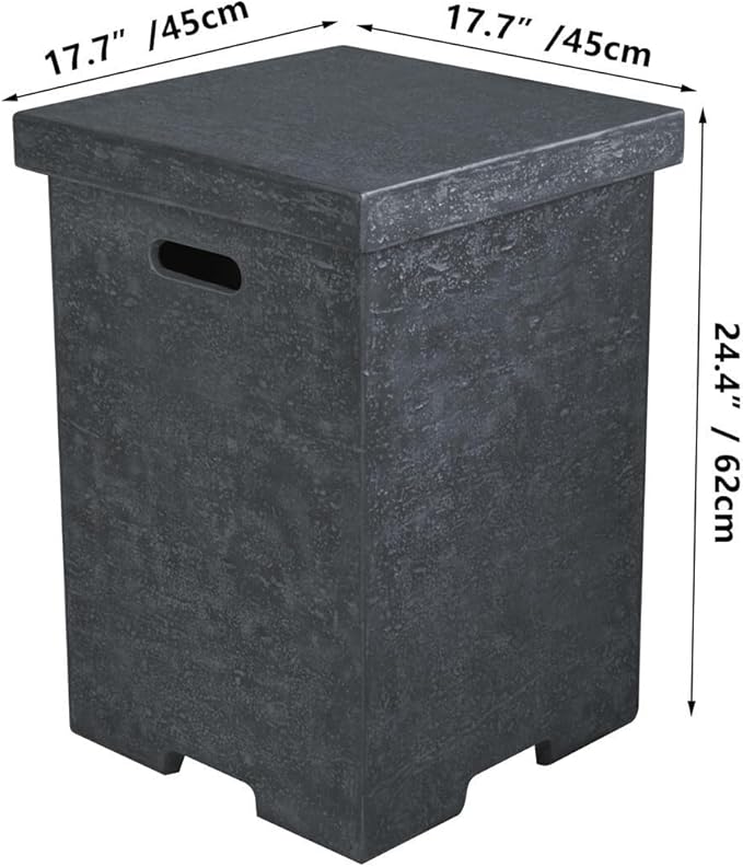 AMS Fireplace | Elementi Tall Dark Grey Square Travertine Propane Tank Cover | Concrete GFRC Base | Dimensions: 17.7 x 17.7 x 24.4 inches | Complement Hampton, and Others Fire Pit Tables Perfectly