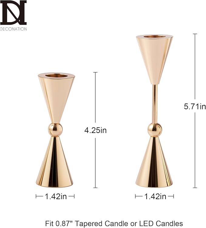 DN DECONATION Gold Taper Candle Holders Set of 2, Tapered Candlestick Holders Decor for Fall Thanksgiving Table Centerpiece Wedding Decorations, Modern Metal Candle Holder for Living Room, Mantel