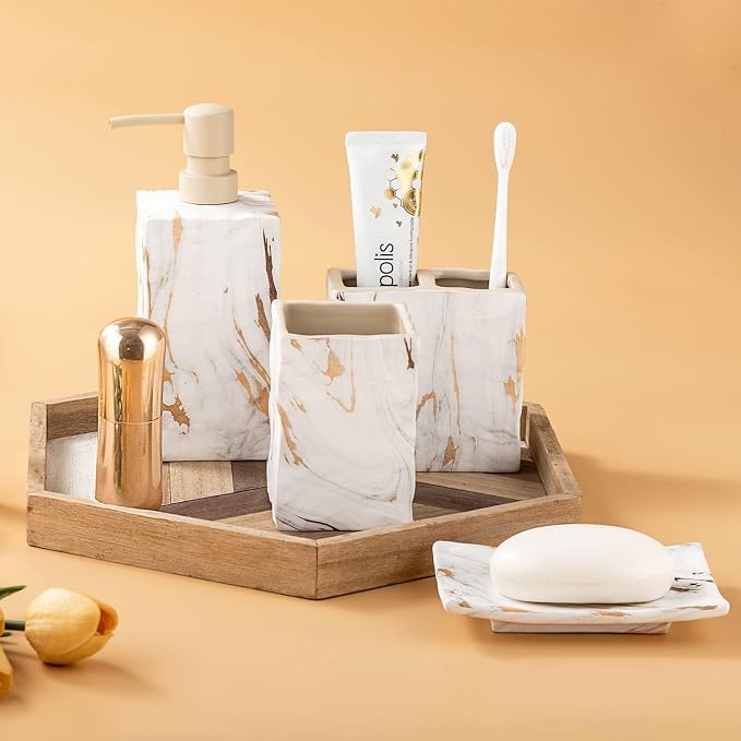 RQYIXI Bathroom Accessories Set 4 Pcs Marble Look Sets Toothbrush Holder Soap Dispenser Counter Top Ceramic Bathroom Decor Set Gold
