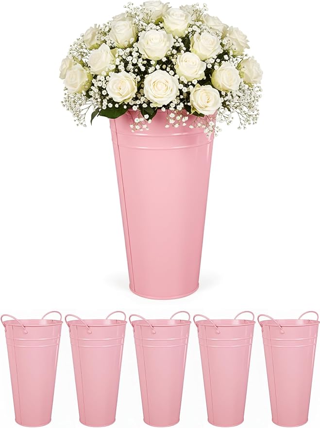Flower Bucket for Flower Bar, 6 Pcs 10.2 Inch Metal Vases with Handles, Leak-Proof Pink French Buckets for Valentine's Day, Wedding Centerpieces, Baby Shower, Mother's Day, Farmhouse Rustic Home Decor