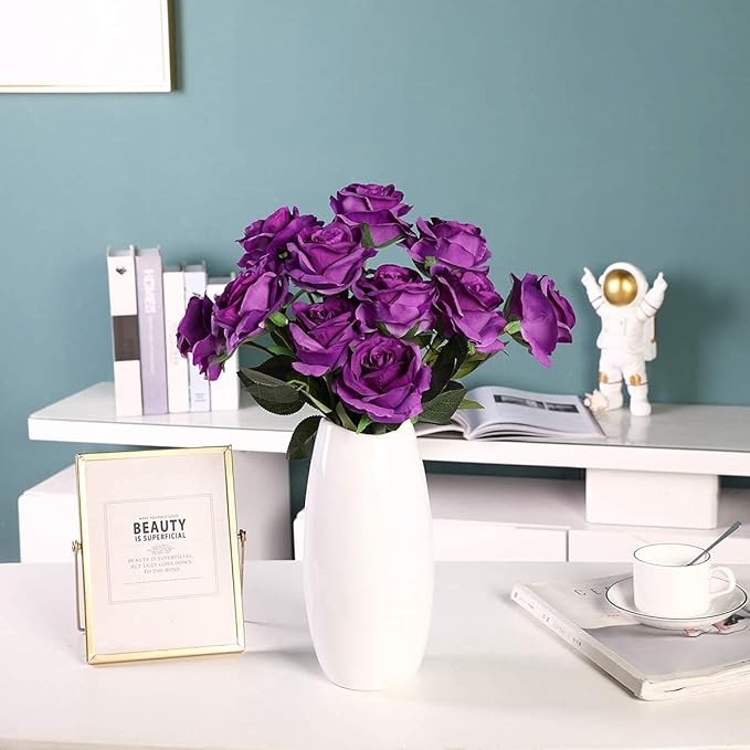 Kisflower 12Pcs Roses Artificial Flowers Purple Flowers Realistic Single Stem Flowers Silk Rose Bouquet for Wedding Party Office Home Decor (Purple)