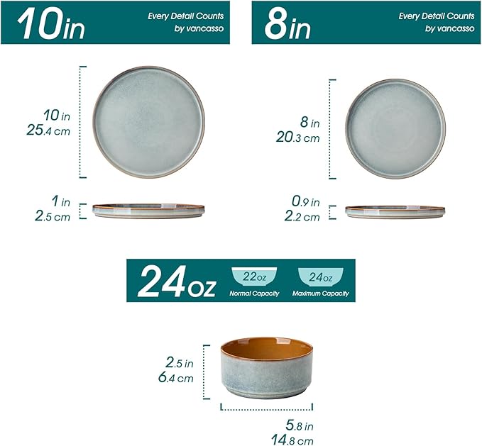 vancasso ONION Ceramic Plates and Bowls Sets, 18 Pieces Light Blue Dinnerware Sets for Kitchen, Reactive Glaze Dishes Set for 6, Dishwasher and Microwave Safe