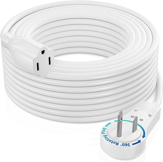 Maximm Extension Cord 50 Ft – 360° Rotating Flat Plug, 3-Prong Grounded, Heavy Duty 14AWG Wire – UL Certified, Indoor Power Cable – Ideal for Long Reach & Tight Spaces – White