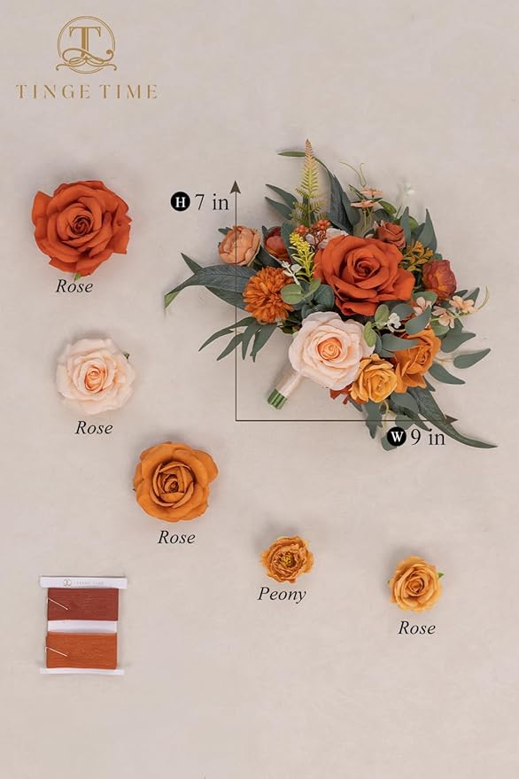 TINGE TIME Wedding Bouquets for Bride, 9 Inch Handcrafted Silk Bridal Flowers Bouquets for Fall Wedding Ceremony, Gift for Bridesmaid, Bouquet for Party Church Decoration (Brunt Orange)