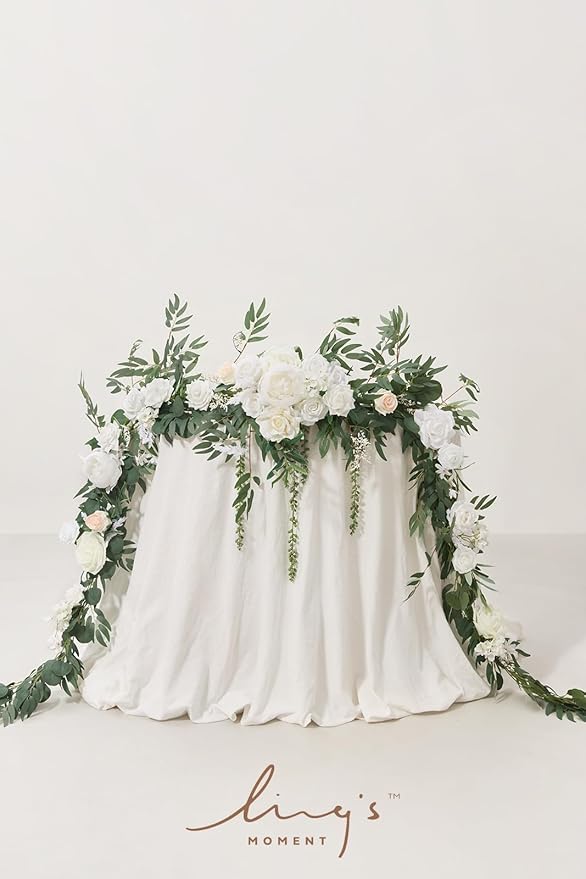 Ling's moment 9FT Spring Flower Garland for Backdrop Decorations - Wedding Arch Flowers, Eucalyptus & Rose, Artificial Floral Garland for Mantel - Sweetheart Table Decor for Reception, White & Sage