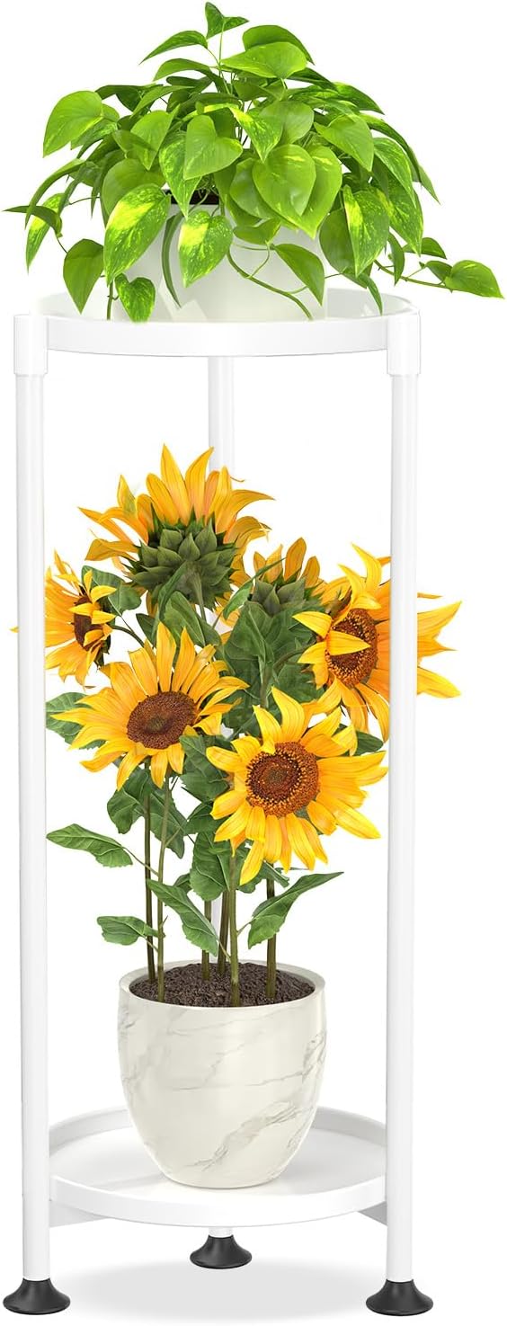 KMOTASUO 2 Tier Plant Stand Indoor for Large Tall Heavy Duty Planter, Multiple Sturdy Metal Flower Corner Rack for Narrow House Floor, Iron Vertical Level Round Orchi Holder Organizer, White