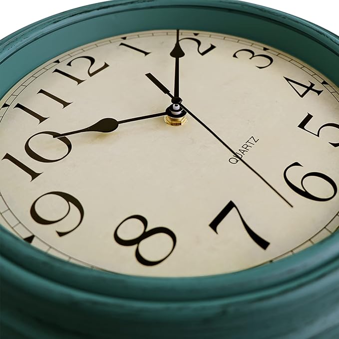 Foxtop Retro Silent Non-Ticking Round Classic Clock 12 Inch Quartz Decorative Battery Operated Wall Clock for Living Room Kitchen Home Office (Turquoise)