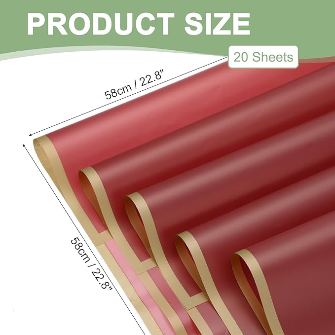 PATIKIL Flower Gift Wrapping Paper, 20 Sheets Gold Edge Waterproof Bouquet Paper Wrap Florist Supplies Packaging Floral Papers for Wedding DIY Craft Valentine Mother's Day, Red