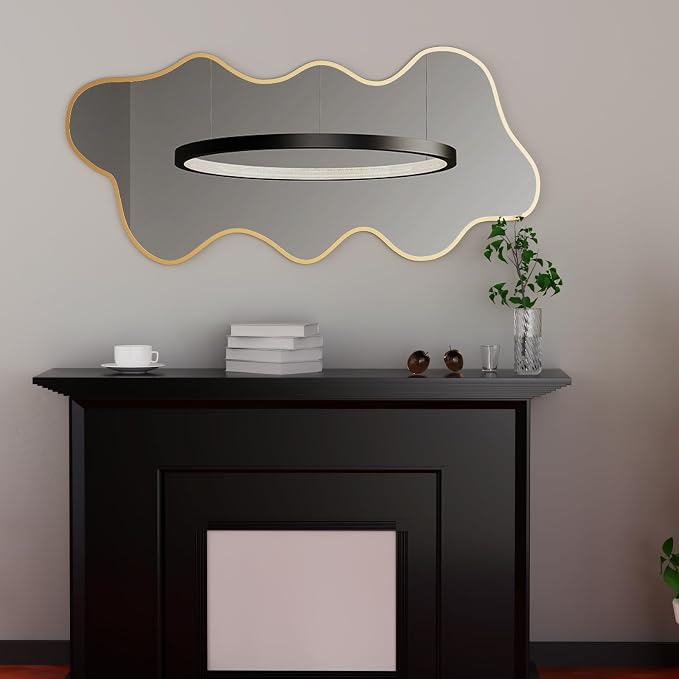 Irregular Wall Mirror Wavy Asymmetrical Shaped Aluminum Alloy Framed Big Unique Full Length Mirror for Living Room Bathroom Bedroom Entryway Fireplace (Gold, 47"x21")
