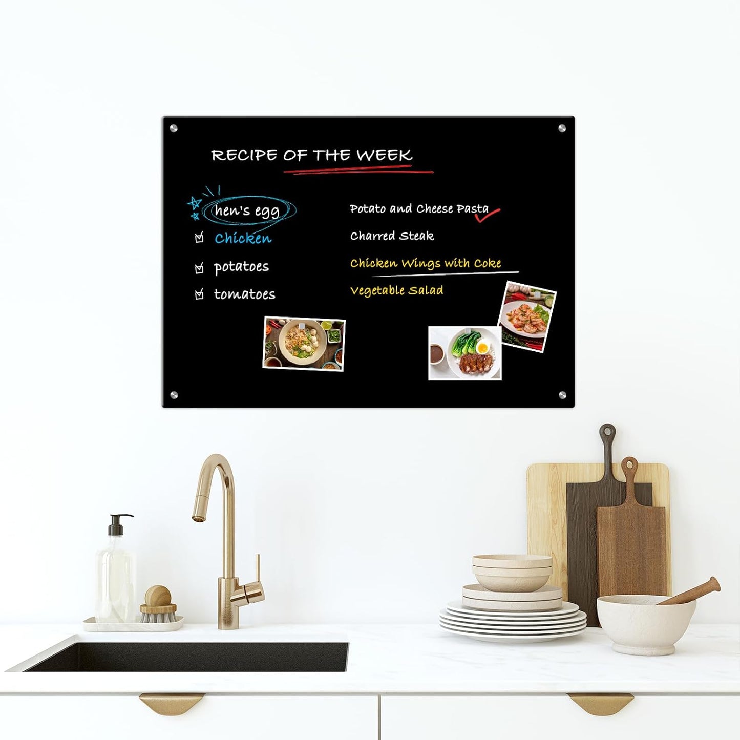 WALGLASS Magnetic Black Dry Erase Board - Frameless 24"x18" Glass Whiteboard with 6 Magnets & Pen Tray
