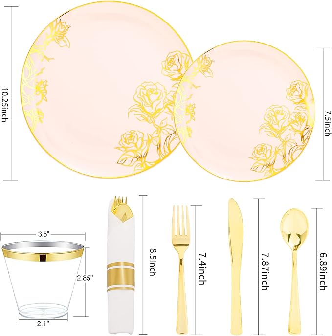 DaYammi 210Pcs Pink Gold Plastic Plates Floral Plates,Pink Disposable Dinnerware Set Includes 60 pink Plate,30 gold Plastic Silverware,30 Per Rolled Napkins,30 plastic Cups,Christmas plates for Party