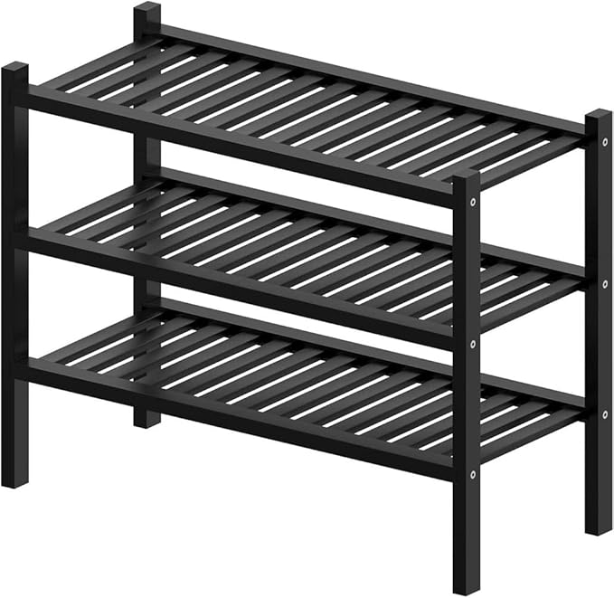 RONGJlA 3 Tier Bamboo Shoe Rack for Closet Free Standing Wood Shoe Shelf Storage Organizer for Entryway Small Space Stackable, Black