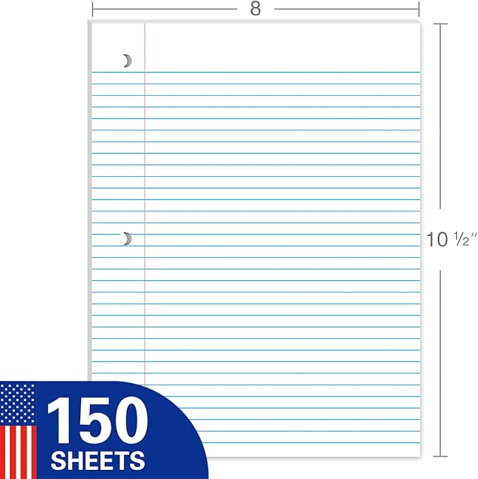 WritePads Notebook Paper College Ruled Loose Leaf Paper, Standard 8"x10-1/2",3 Hole Punched Binder Paper For 3 Ring Binder,150 Sheets/Pack, 4 Pack, White, MADE IN USA