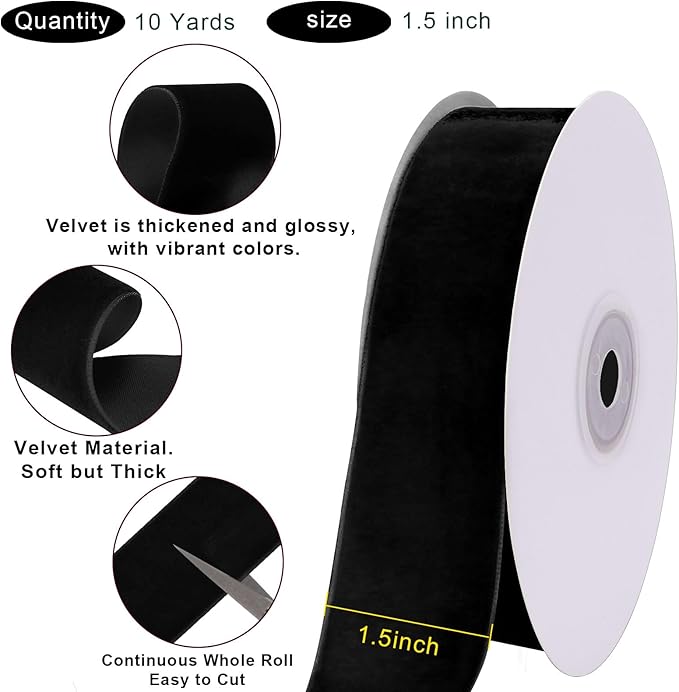 10 Yards Black Velvet Ribbon 1 1/2 Inch for Christmas Tree,Velvet Christmas Ribbon for Gift Wrapping Crafts Bow Wreath Holiday Decorations (Black)