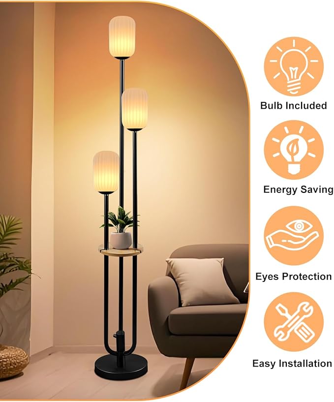 Floor Lamp for Living Room, Dimmable Vintage Floor Lamp with Shelf & LED Bulbs, 3 Light 3000K Soft Warmwhite Mid Century Standing Lamp, Tall Lamps with 5Lbs Heavy Base for Bedroom Home Decor