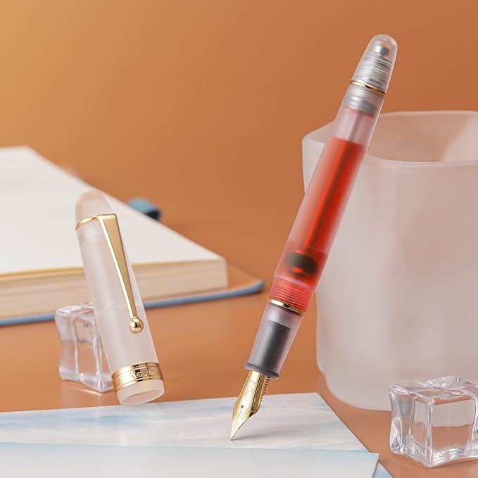 Asvine V126 Vacuum Filling Fountain Pen Extra Fine Nib, Frosted Transparent Clear Acrylic, Large-Capacity with Gift Case