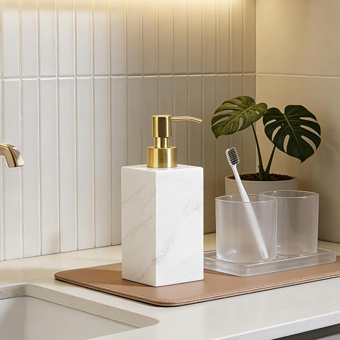 Natural Marble Soap Dispenser for Bathroom and Kitchen Countertop - 5.41 Ounces Hand Lotion and Liquid Stone Shampoo Laundry Bottle with Pump (1, White, Rectangular Bottle)