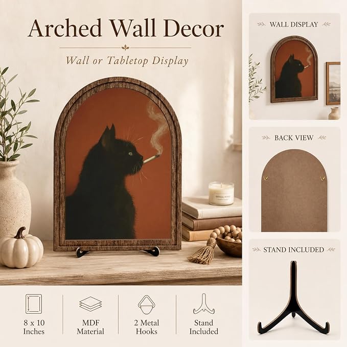 Vintage Black Cat Table Decor Arched Wooden Frame with Stand, Moody Gothic Animal Artwork for Desk Shelf Mantel, Unique Living Room Bedroom Home Decorations