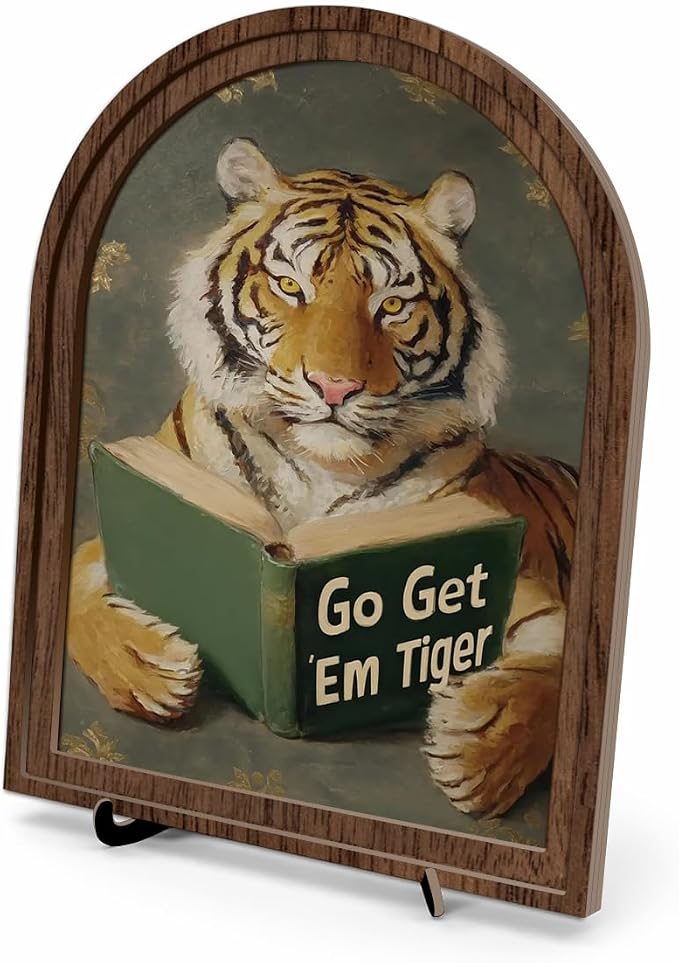Wooden Tabletop Decor Funny Reading Tiger Art for Bookshelf Desk Shelf, Rustic Arched Wooden Frame with Stand Decor, Home Office Decorative Accent for Animal Lovers