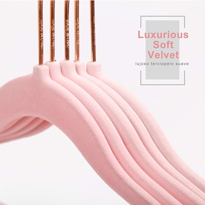 MIZGI Premium Kids Velvet Hangers (Pack of 50) with Copper/Rose Gold Hooks,Space Saving Ultra Thin,Non Slip Baby Hangers for Children's Skirt Dress Pants,Clothes Hangers(Blush Pink)