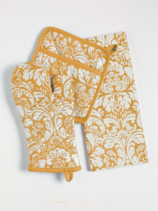DII Cotton Dish Towel Set Damask Print, 18x28, Mustard, 2 Count