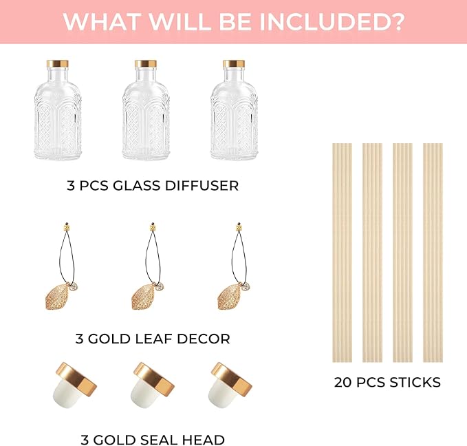Glass Reed Diffusers Bottles for Home, Diffuser Bottles with 20PCS Reed Diffuser Sticks, Vintage Embossed Apothecary Style Flower Bud Vases with Cork Lids, Set of 3